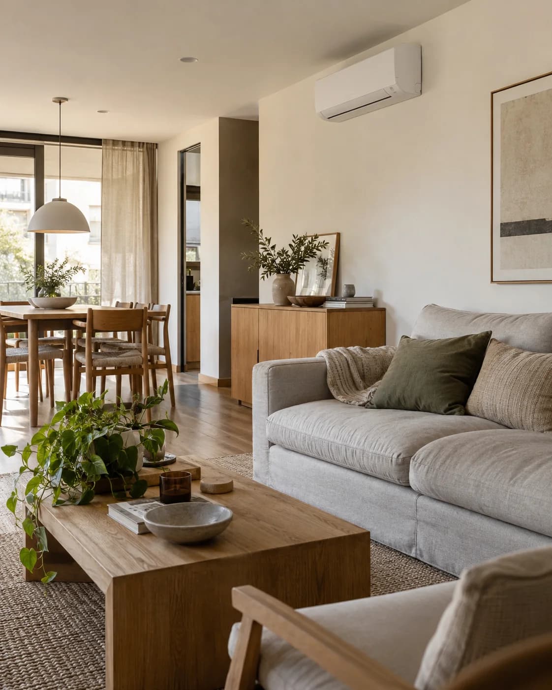 Interior residencial conceptual con un equipo Split integrado discretamente en el muro