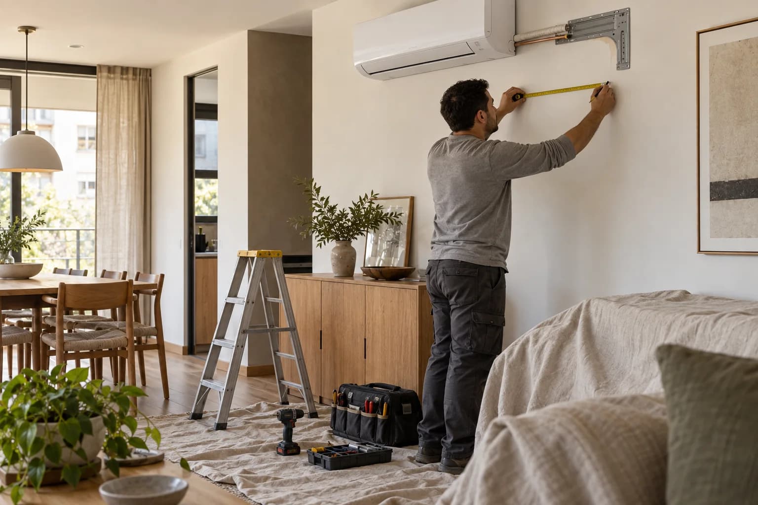 Escenario conceptual de un técnico midiendo un muro con el piso y los muebles protegidos