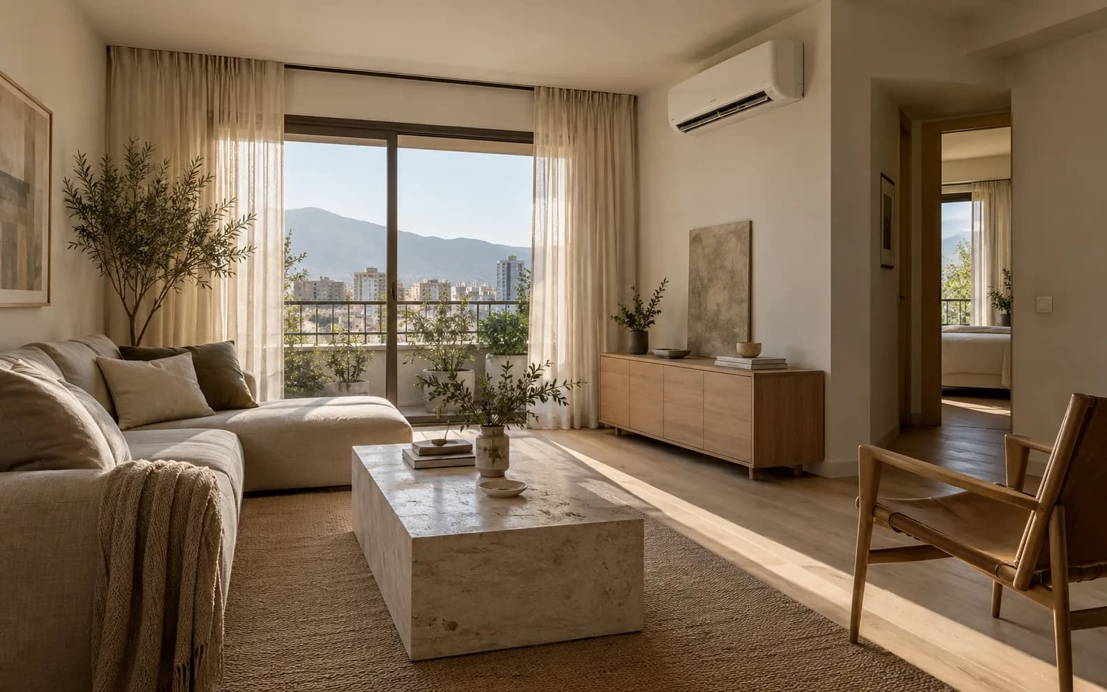 Vista media de un departamento que muestre la relación entre Split, ventana, cortinas, muebles y circulación. Escenario conceptual, sin datos de cliente.